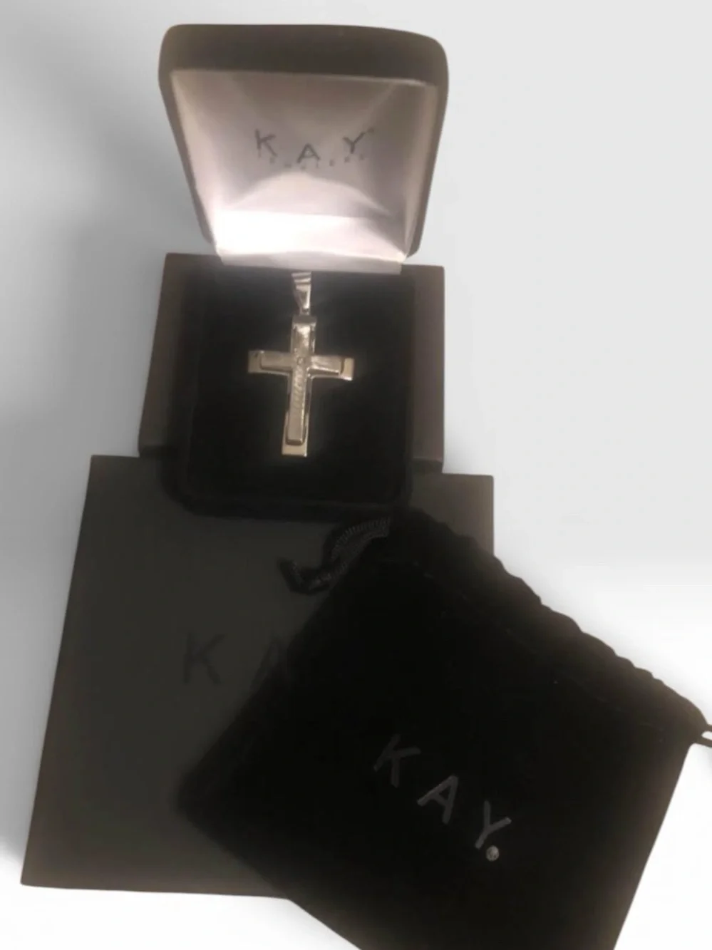Kay Jewelers Diamond Accent Stainless Steel Etched Cross Pendant BRAND NEW